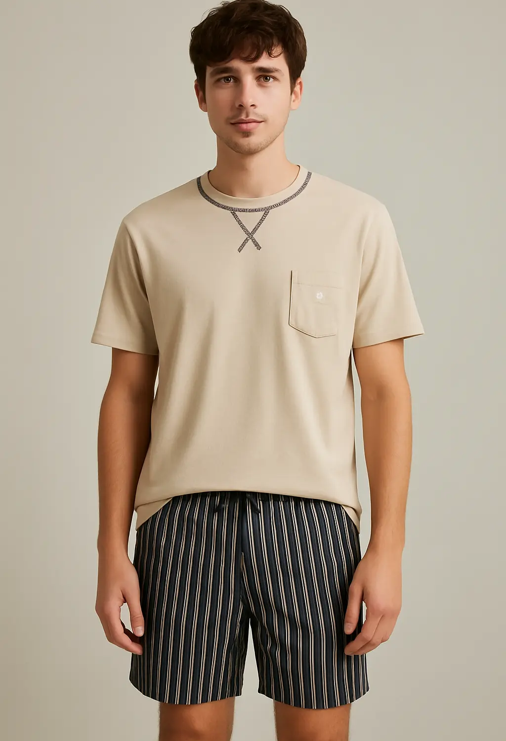 M.E.Q.  Heren shortama - Katoen - ronde hals - Beige