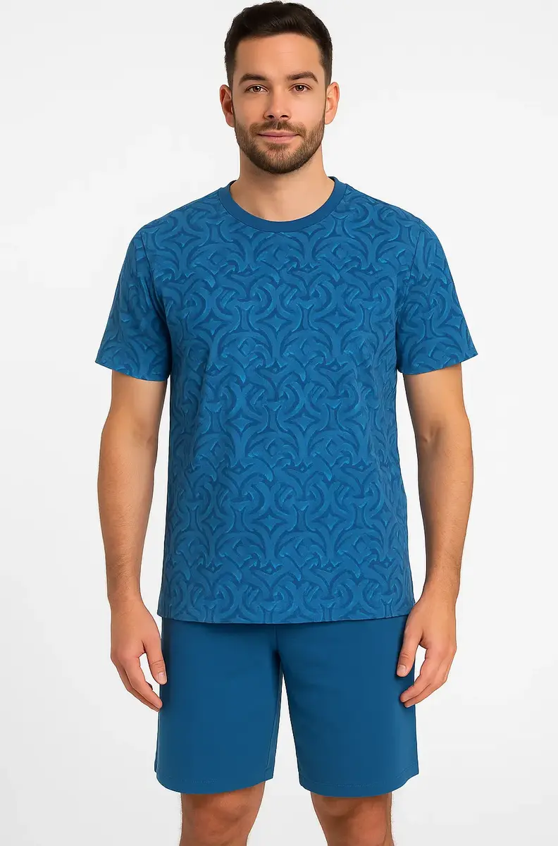 M.E.Q. Heren shortama katoen - Blue summer - Zomer katoenen pyjama korte broek korte mouw