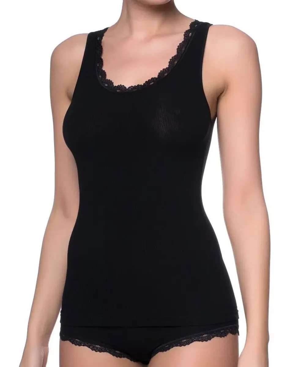 Nina von C rib dames hemd kant - Body & Soul - Modal kanten dames onderhemd - Wit - Zwart