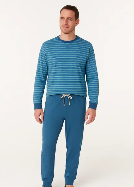 M.E.Q. Heren pyjama lange mouwen katoen - Spring blue