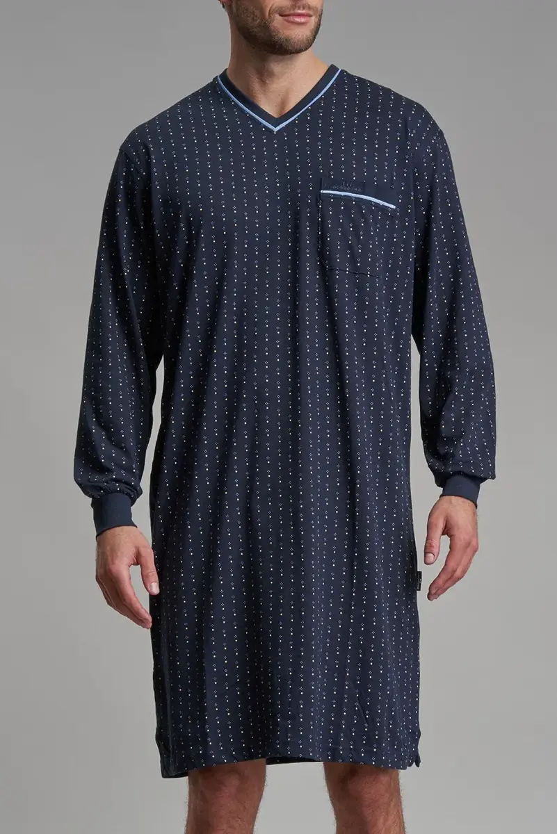 Gotzburg heren nachthemd lange mouw - 100% katoen - Gestippeld