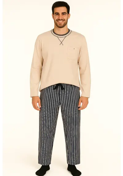 M.E.Q. Heren pyjama lange mouwen katoen - ronde hals - Katoen M.E.Q. Heren pyjama lange mouwen katoen - ronde hals - Katoen