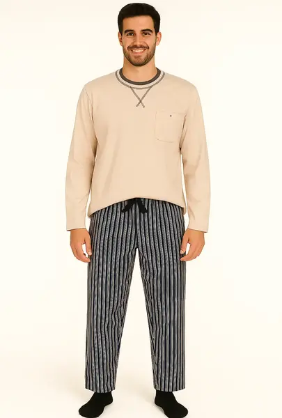 M.E.Q. Heren pyjama lange mouwen katoen - ronde hals - Katoen