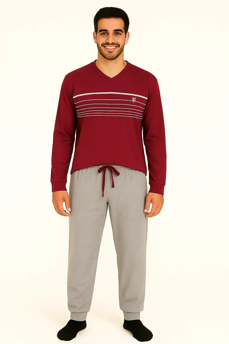 M.E.Q. Heren pyjama lange mouwen katoen - V-hals - Rood