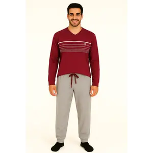 M.E.Q. Heren pyjama lange mouwen katoen - V-hals - Rood