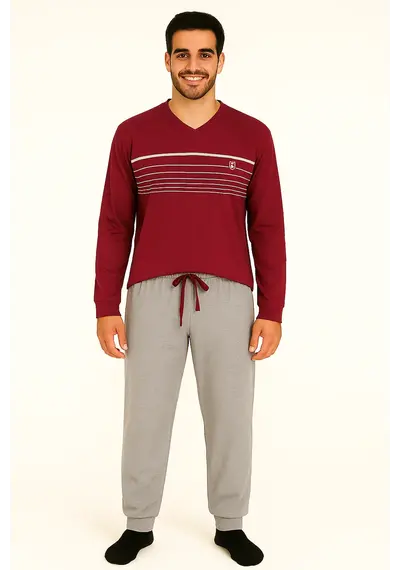 M.E.Q. Heren pyjama lange mouwen katoen - V-hals - Rood M.E.Q. Heren pyjama lange mouwen katoen - V-hals - Rood