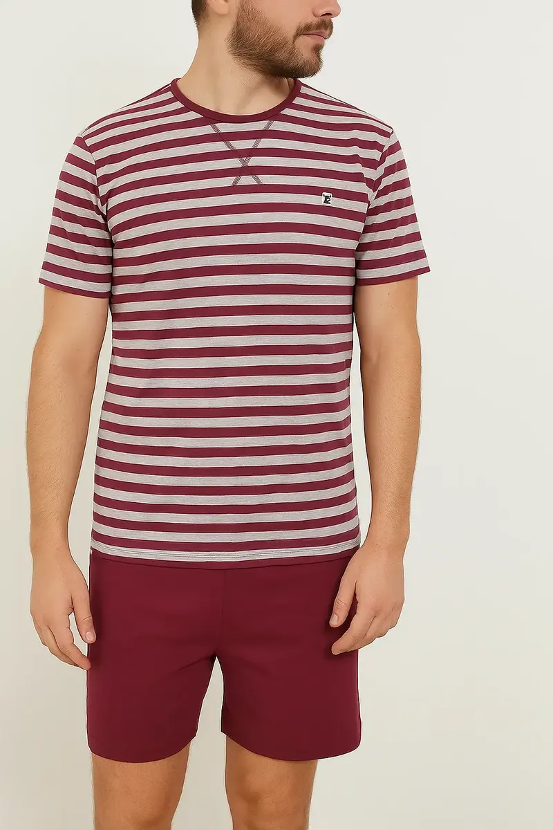 M.E.Q. Heren shortama katoen - ronde -hals - Rode streep