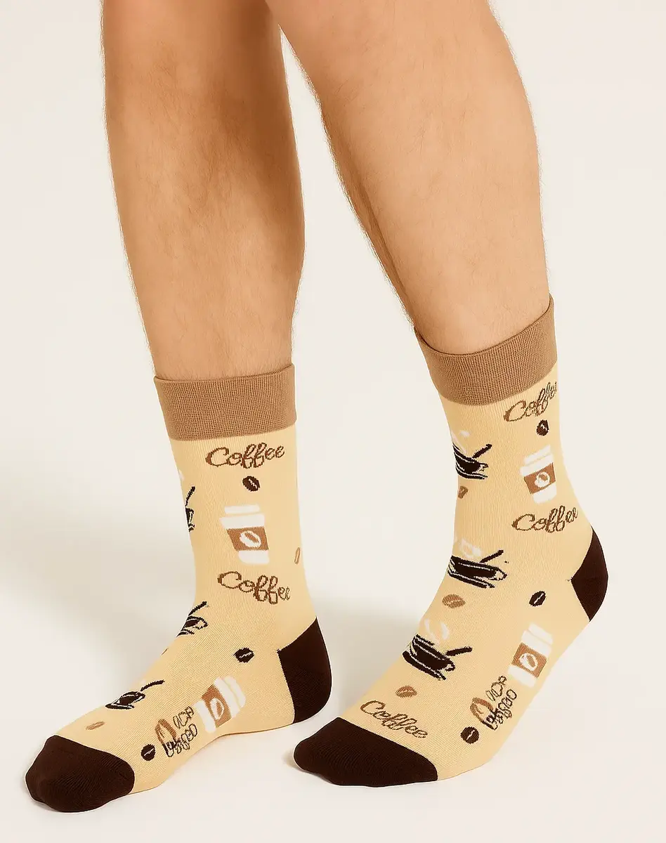 Benyson Naadloze Sokken Koffie - Organisch katoen 1- Paar - Vrolijke katoenen sokken met leuke en grappige print - Dames - Heren