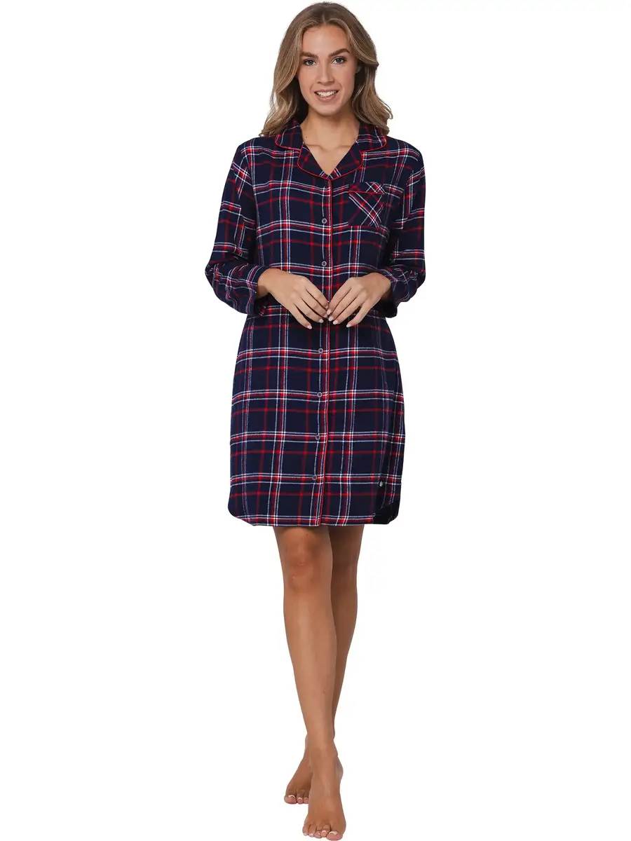 Rebelle dames nachthemd Flanel met knoopsluiting- Donkerblauw
