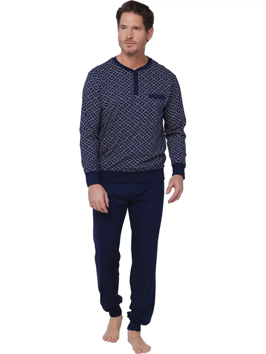 Pastunette Heren katoenen pyjama met lange mouwen - Linear Blauw