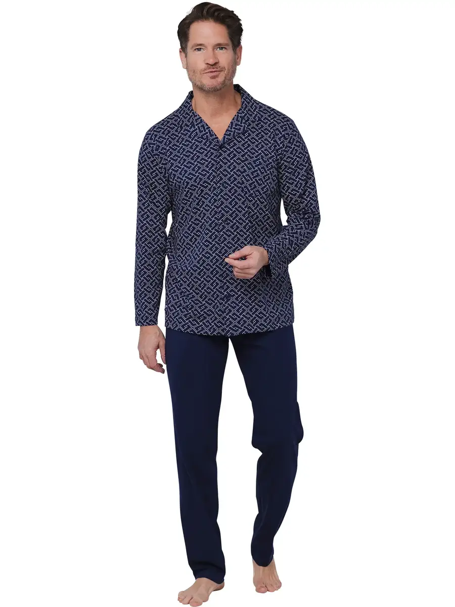 Pastunette Heren Pyjama katoen met knoopsluiting - Linear Donkerblauw