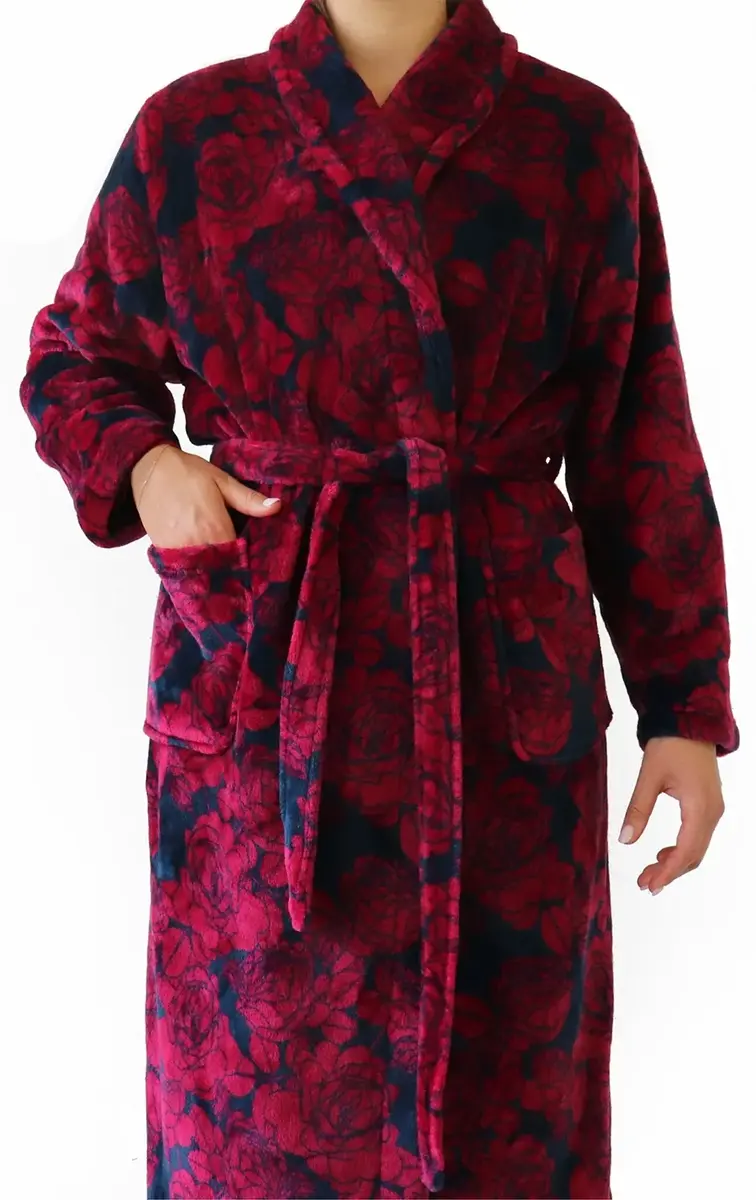 Medaillion dames badjas fleece - Red Flower - Warme winter badjas Medaillion dames badjas fleece - Red Flower - Warme winter badjas