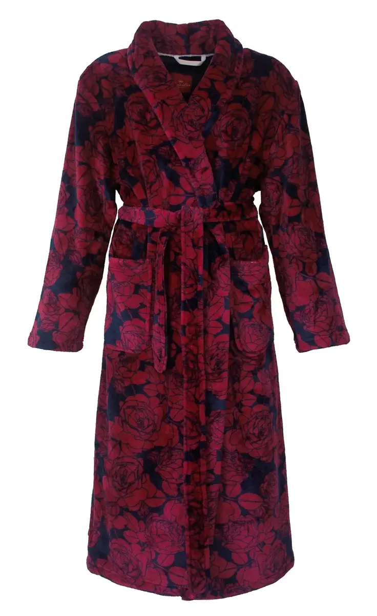 Medaillion dames badjas fleece - Red Flower - Warme winter badjas