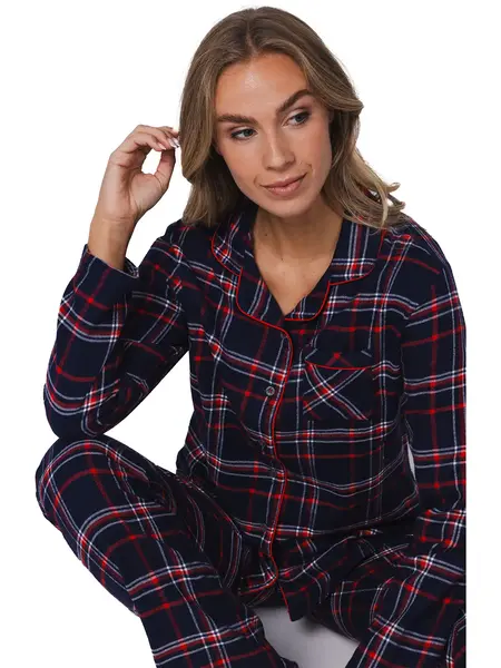 Rebelle dames pyjama Flanel -Donker Blauw - 100% katoenen pyjama met knoopsluiting en lange mouwen Rebelle dames pyjama Flanel -Donker Blauw - 100% katoenen pyjama met knoopsluiting en lange mouwen
