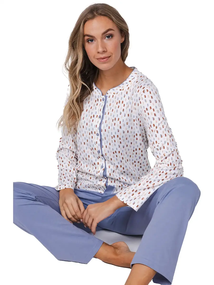 Pastunette dames katoenen pyjama met knoopsluiting -Blauw