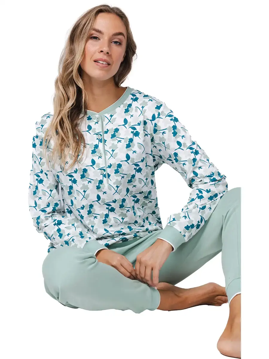 Pastunette dames katoenen pyjama lange mouwen - Groen