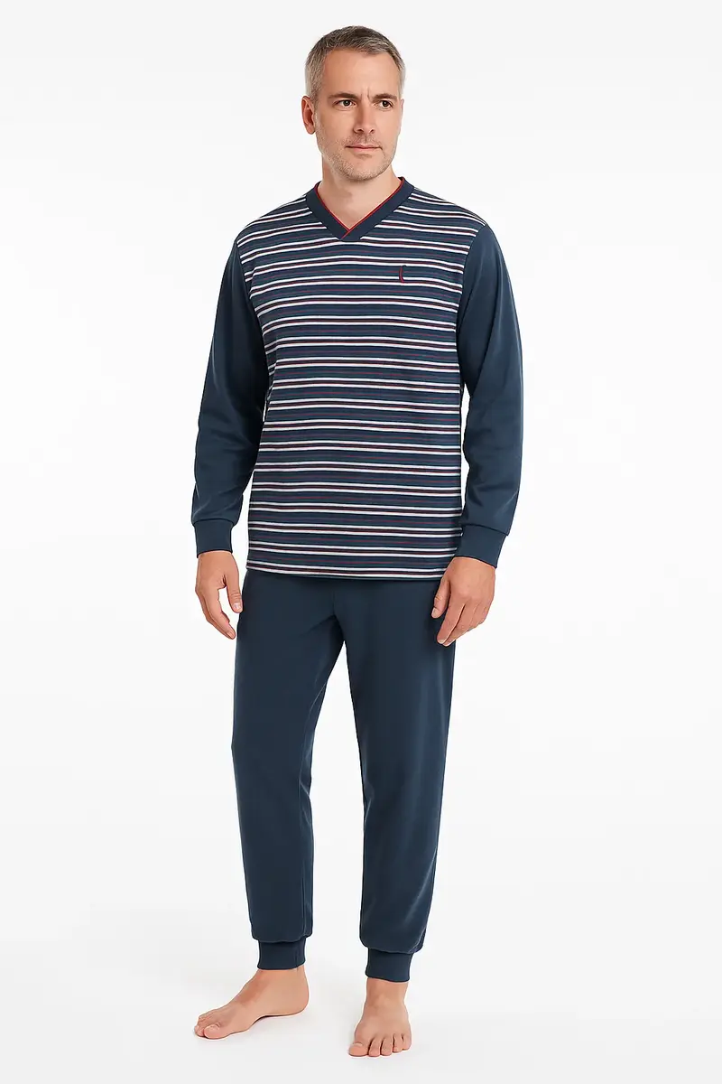 Gentlemen Warme heren pyjama badstof - Streep - Winter pyjama met boordjes - Copy
