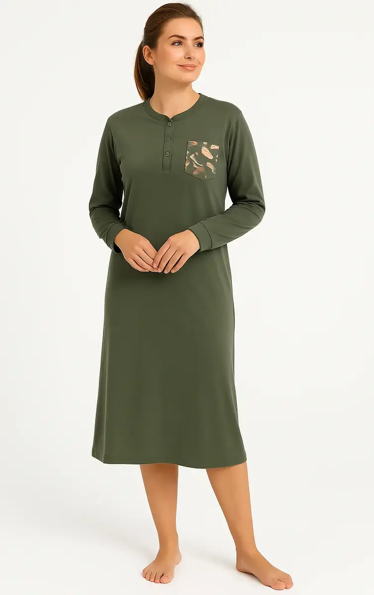 Lunatex dames nachthemd - Warme Dikke Tricot - Leaves - Katoenen dames nachtjapon