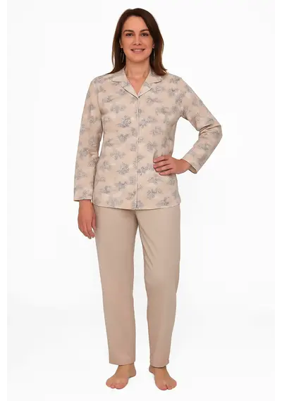 Tenderness dames pyjama - Doorknoop knoopsluiting - Beige Tenderness dames pyjama - Doorknoop knoopsluiting - Beige