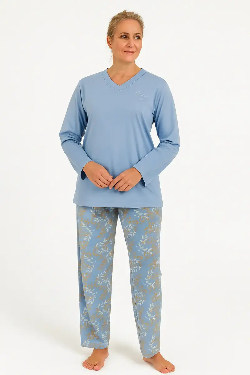 Medaillion katoenen dames pyjama lange mouw - Blue