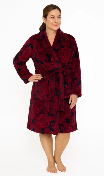 Medaillion dames badjas fleece - Red Flower - Warme winter badjas Medaillion dames badjas fleece - Red Flower - Warme winter badjas