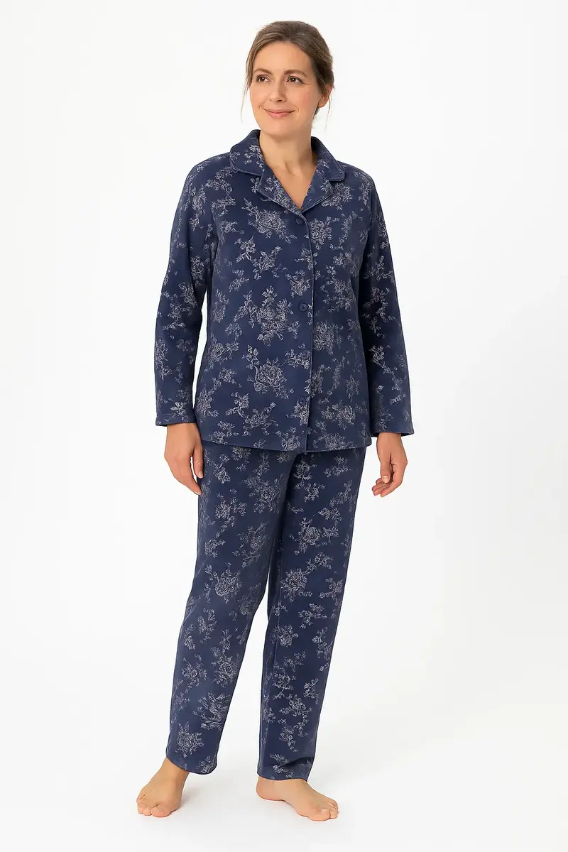 Medaillion dames velours pyjama doorknoop - Winter Flower - Warme zachte pyjama