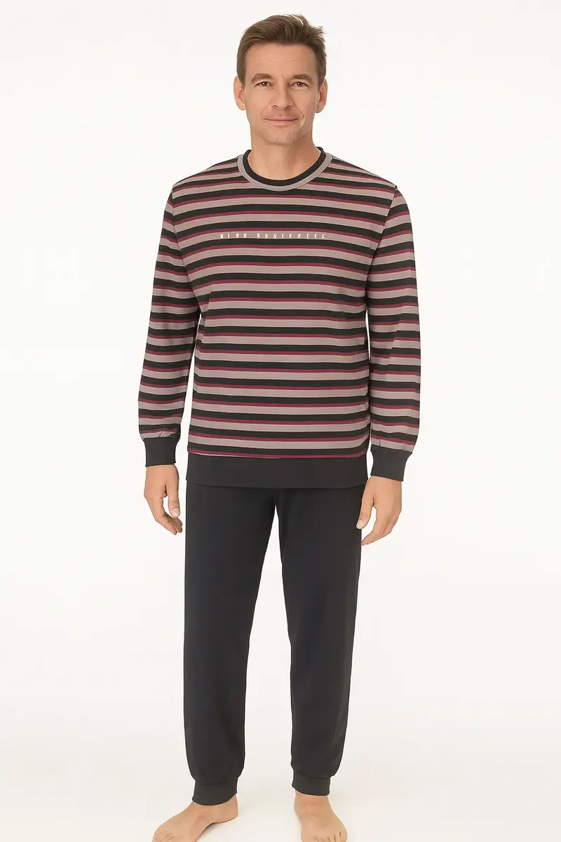 M.E.Q. Heren pyjama lange mouwen katoen - Grey stripe