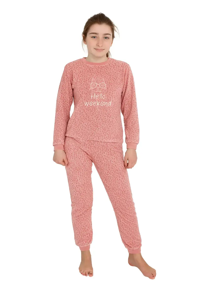 Cocodream velours meisjes pyjama - Hello Weekend - Warme winter pyjama