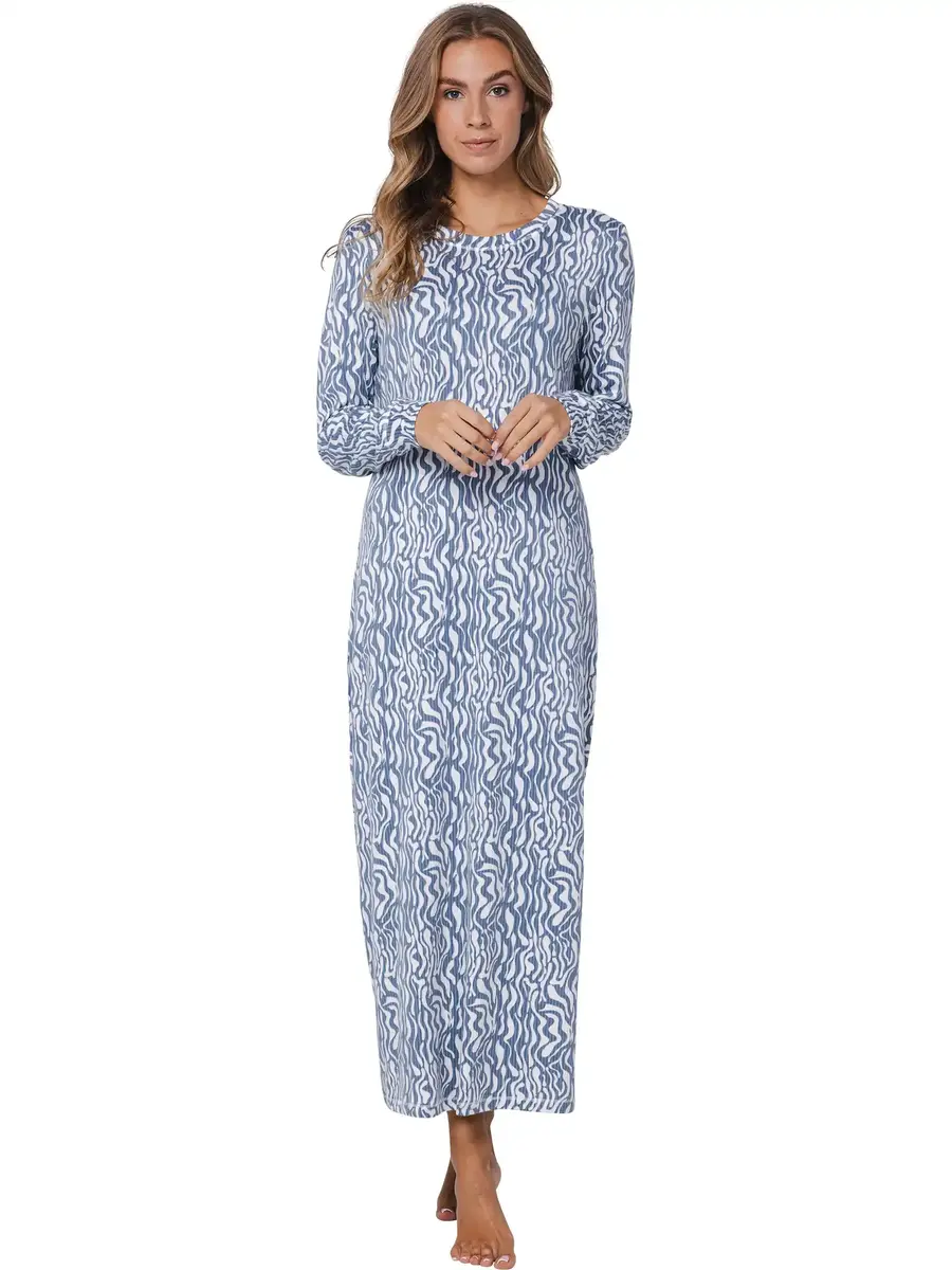 Pastunette extra lang fleece dames nachthemd - Blue Mirage - Blauw
