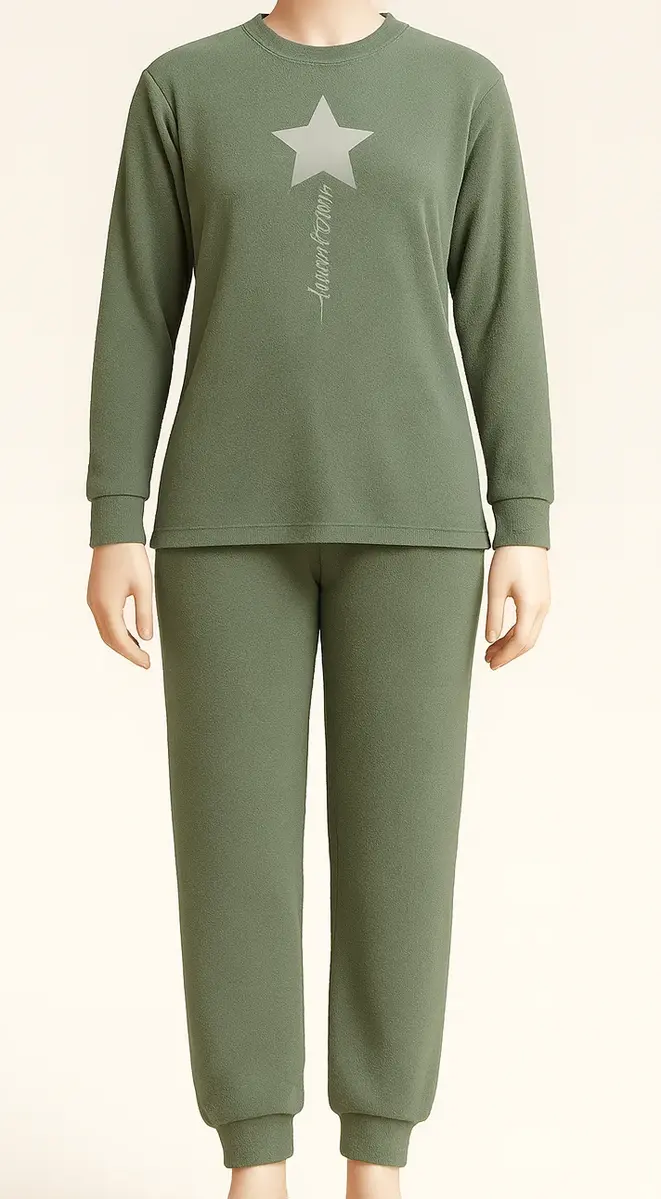 Lunatex badstof dames pyjama - Stars - Warme winter pyjama met boordjes