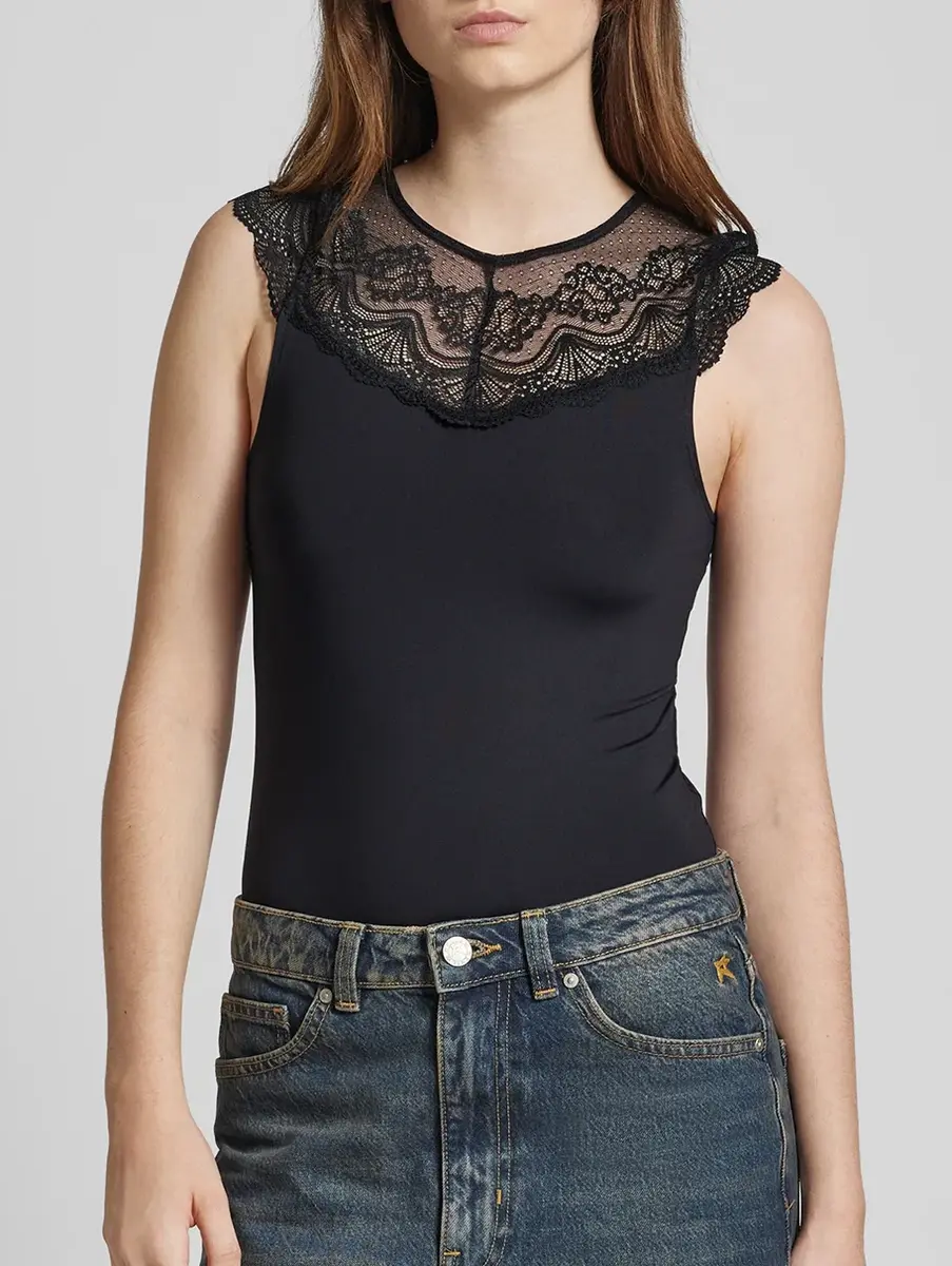 Pieces kanten body - Sinna Bodystocking - kanten body korte mouw zwart - hoge hals