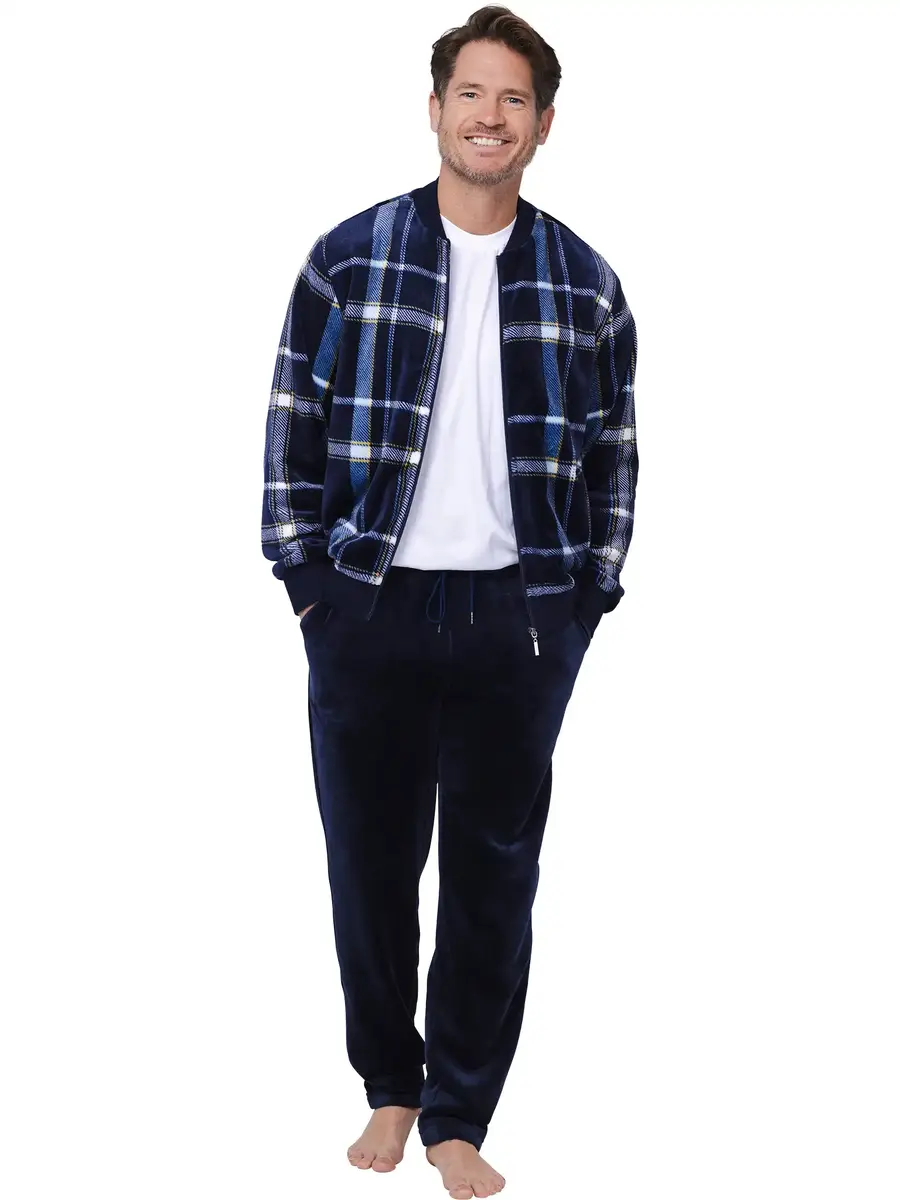 Pastunette heren Huispak Flanel Fleece - Donkerblauw - Ruit - warm heren pyjamapak 2-delig