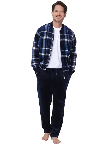 Pastunette heren Huispak Flanel Fleece - Donkerblauw - Ruit - warm heren pyjamapak 2-delig