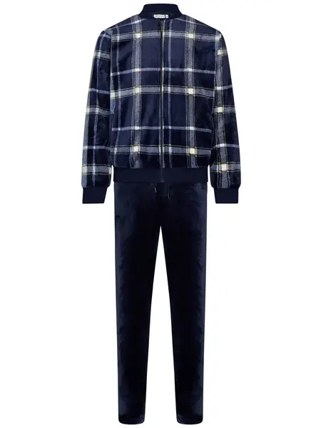 Pastunette heren Huispak Flanel Fleece - Donkerblauw - Ruit - warm heren pyjamapak 2-delig