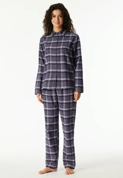 Schiesser dames pyjama flanel - Select Premium - Katoenen doorknoop pyjama lange mouwen