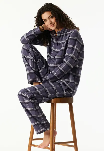 Schiesser dames pyjama flanel - Select Premium - Katoenen doorknoop pyjama lange mouwen