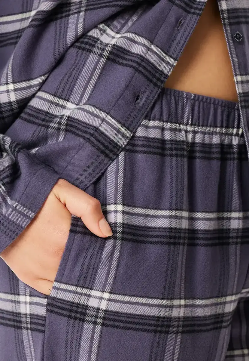 Schiesser dames pyjama flanel - Select Premium - Katoenen doorknoop pyjama lange mouwen