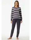 Schiesser dames pyjama badstof - Streep  - Warme winter pyjama lange mouwen - Ronde hals - Met boordjes