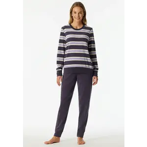 Schiesser dames pyjama badstof - Streep  - Warme winter pyjama lange mouwen - Ronde hals - Met boordjes