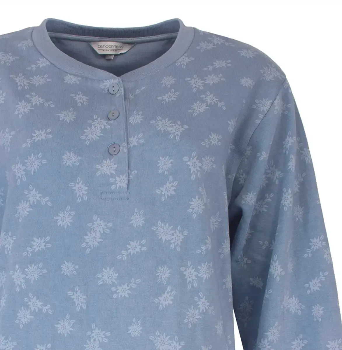 Tenderness fleece dames nachthemd lange mouw - Blue Flower - blauwe warme winter nachtjapon