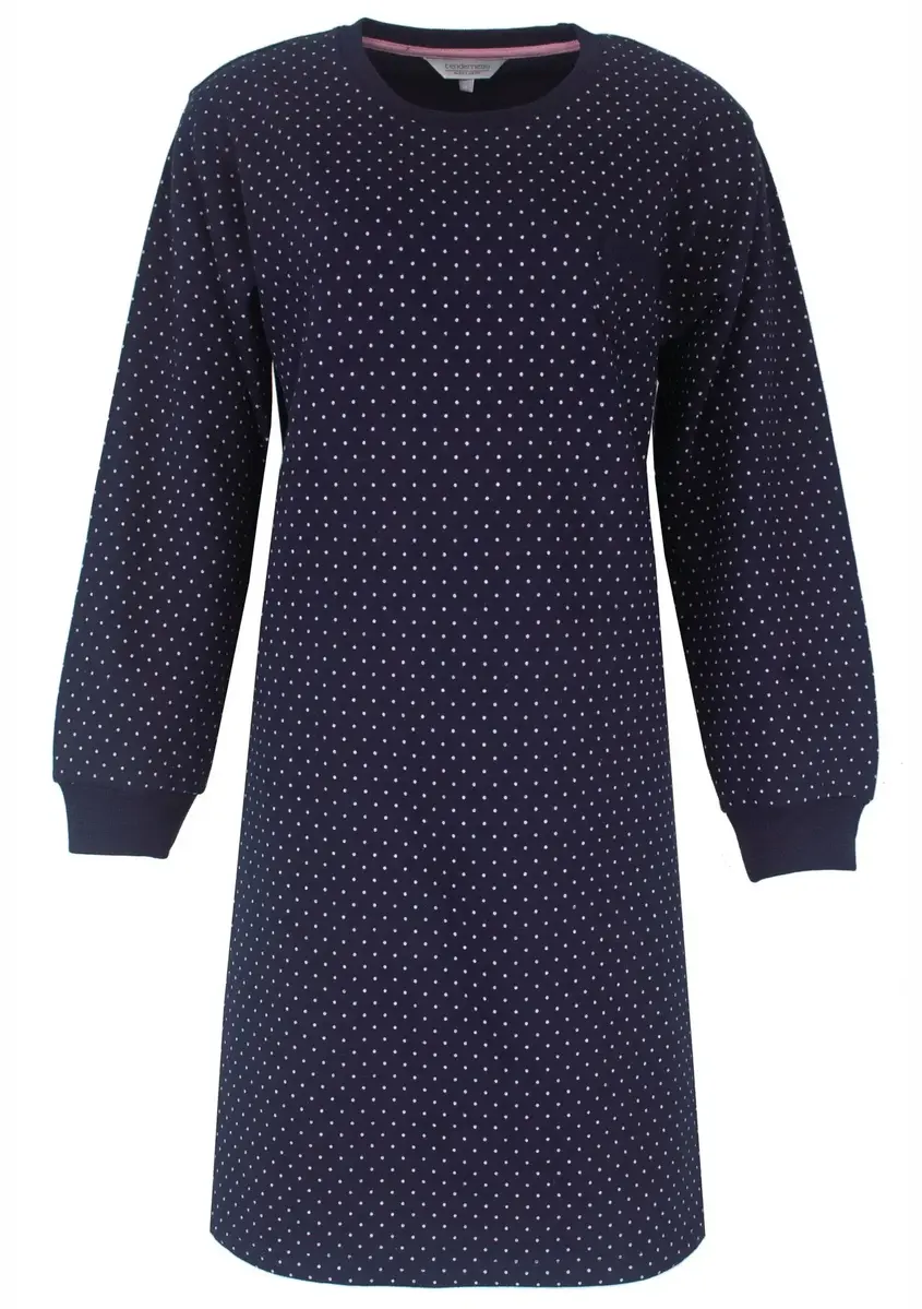 Tenderness fleece dames nachthemd lange mouw - Blue Dots - blauwe warme winter nachtjapon