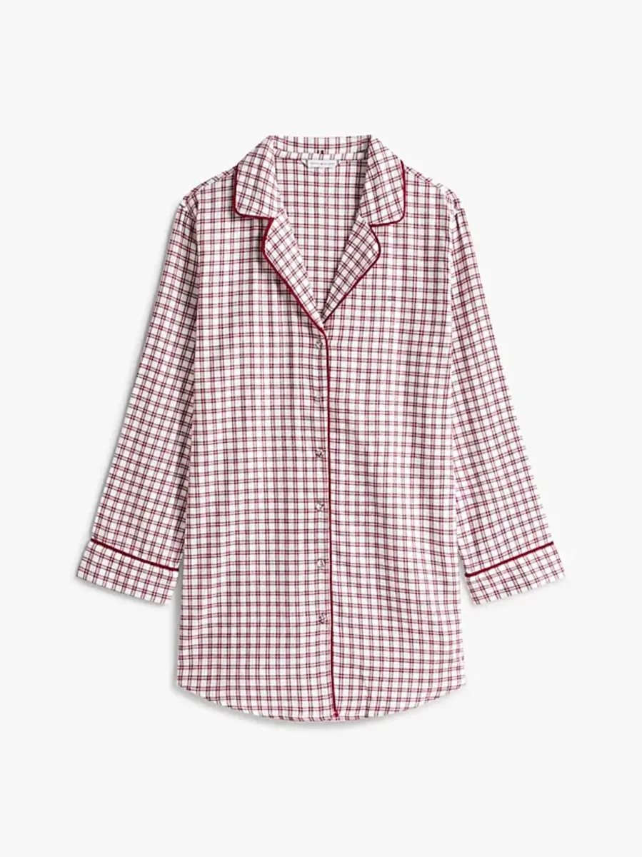 Tommy Hilfiger Dames flanellen nachthemd lange mouw - Ruit Rood - Knoopsluiting