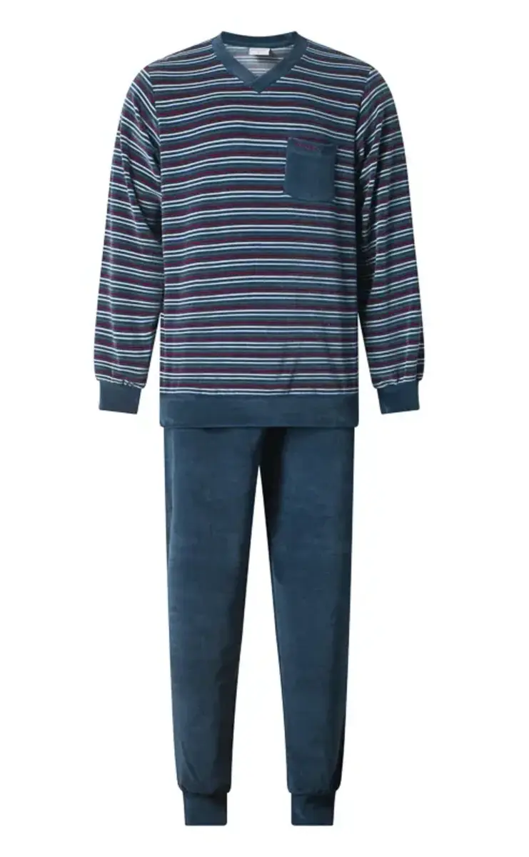 Gentlemen heren pyjama velours - Vhals - Streep - Warme winter pyjama Gentlemen heren pyjama velours - Vhals - Streep - Warme winter pyjama