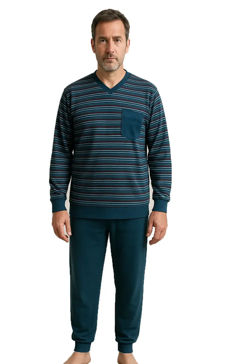 Gentlemen heren pyjama velours - Vhals - Streep - Warme winter pyjama