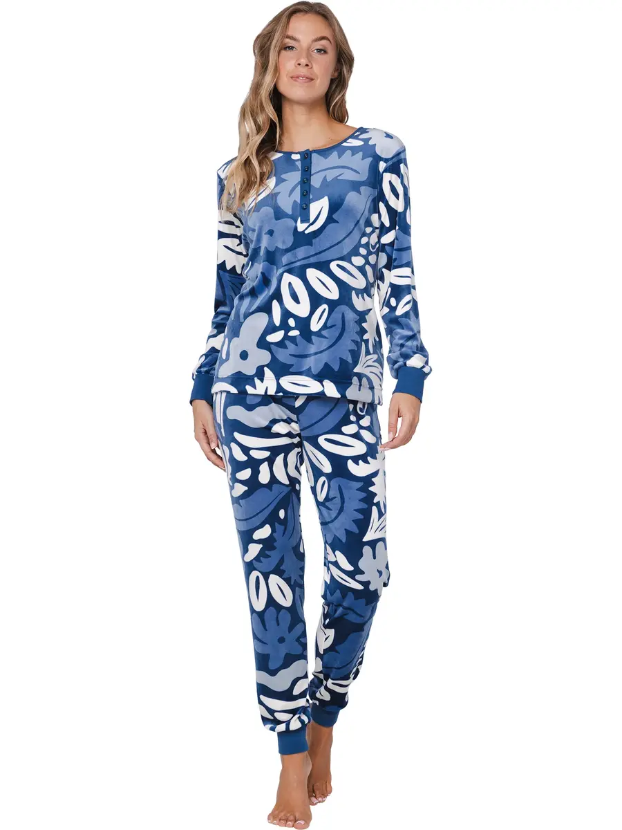 Pastunette warme dames pyjama Velours - Blue Bloom - Winter blauwe pyjama vrouwen - Copy
