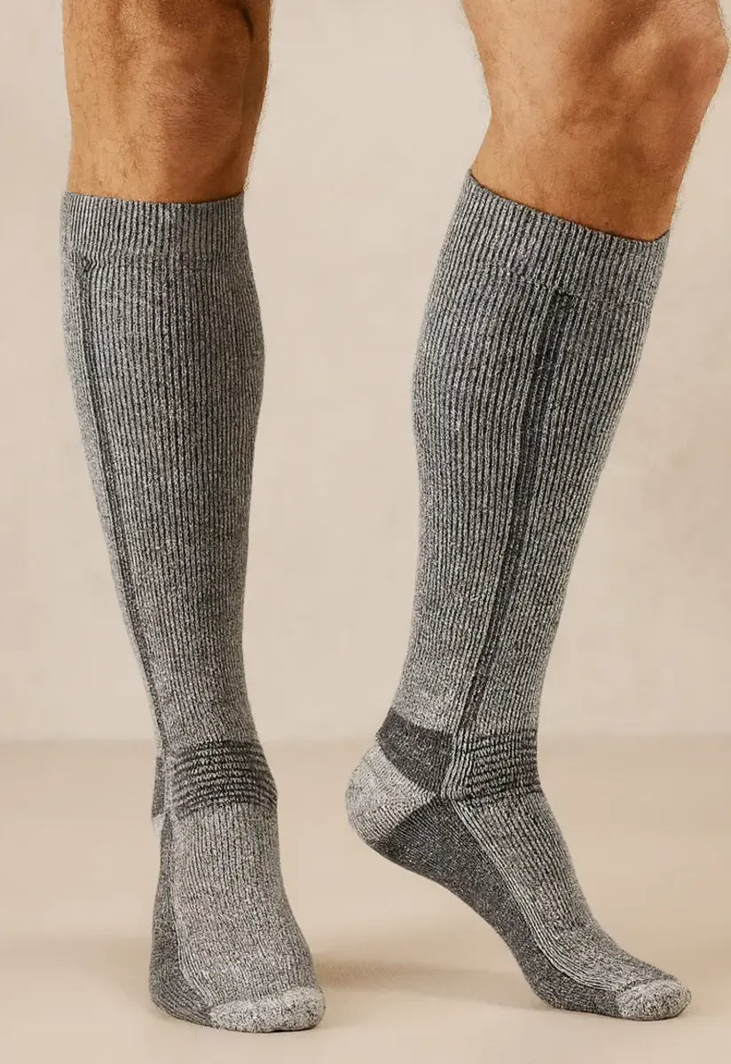 Basset kniekous thermo wol heren - grijs - Hoge warm winter sokken