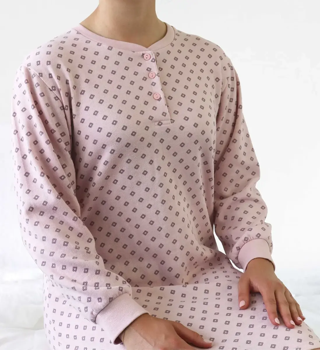 Tenderness fleece dames nachthemd lange mouw - Pink - roze warme winter nachtjapon