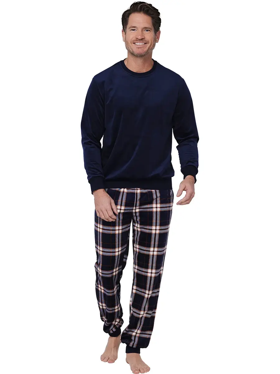Pastunette Heren Fleece pyjama - Blauwe Ruit - Warme winter pyjama mannen