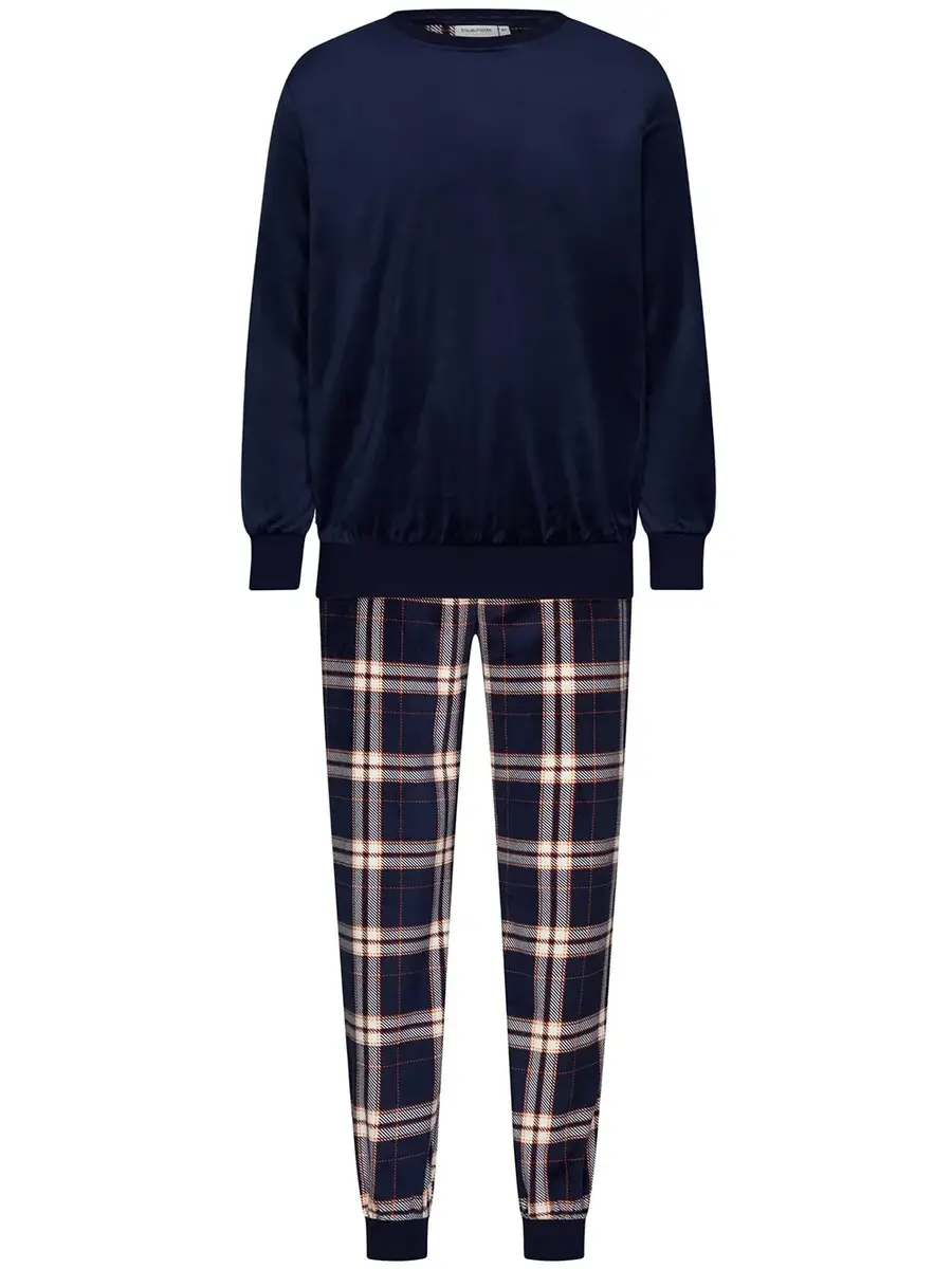 Pastunette Heren Fleece pyjama - Blauwe Ruit - Warme winter pyjama mannen