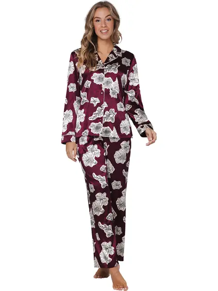 PPastunette Dames Pyjama Satijn - Lange mouwen - Burgundy